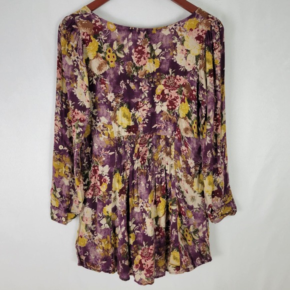 XXI Women Small Popover Tunic Top Floral Long Roll Tab Sleeve Pleated Scoop Neck - Picture 2 of 9